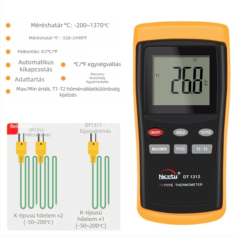 Nicatymeter DT1311 Digitális hőmérő érintéses szenzorral, K-típusú termopár heggyel, ipari osztály