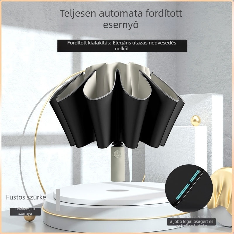 Automatikus fordított nyitású autóesernyő, 10 bordával (UPF50+; poliészter vászon; acél váz; szilikon fogantyú)
