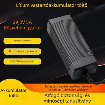 PSY LiFePO4 akkumulátor töltő, bemenet 90–240 VAC, kimenet 29.2 V 5 A, tanúsított PSE UKCA CE KC UL