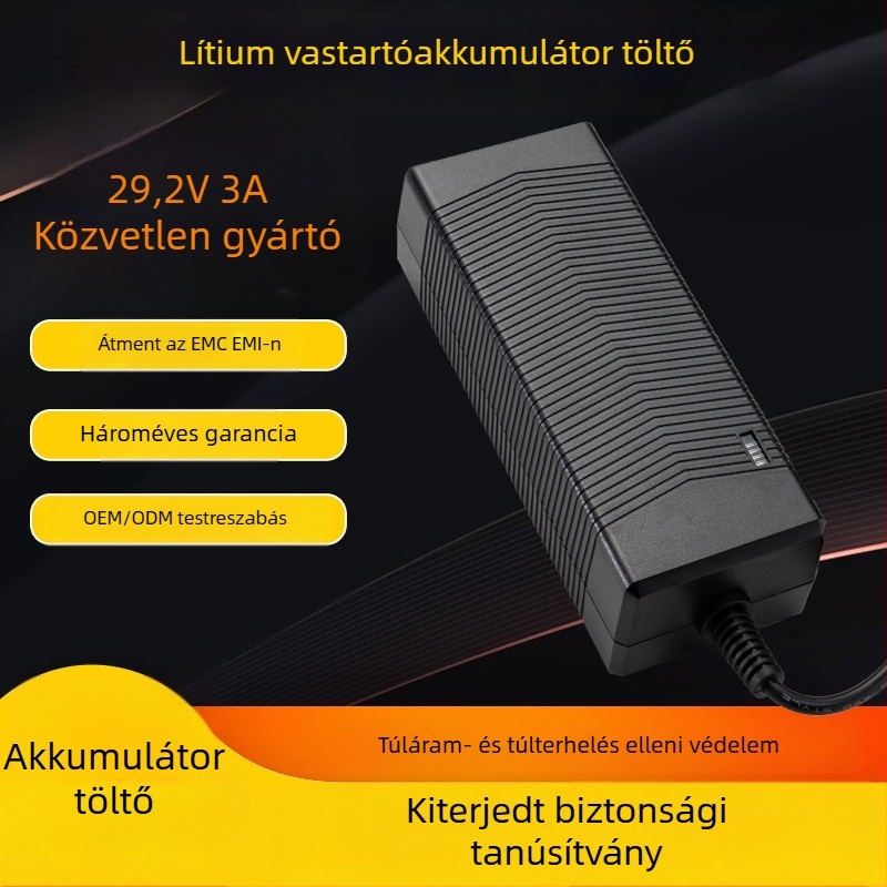 PSY LiFePO4 akkumulátor töltő, bemenet 90–240 VAC, kimenet 29.2 V 5 A, tanúsított PSE UKCA CE KC UL