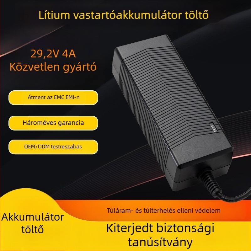 PSY LiFePO4 akkumulátor töltő, bemenet 90–240 VAC, kimenet 29.2 V 5 A, tanúsított PSE UKCA CE KC UL