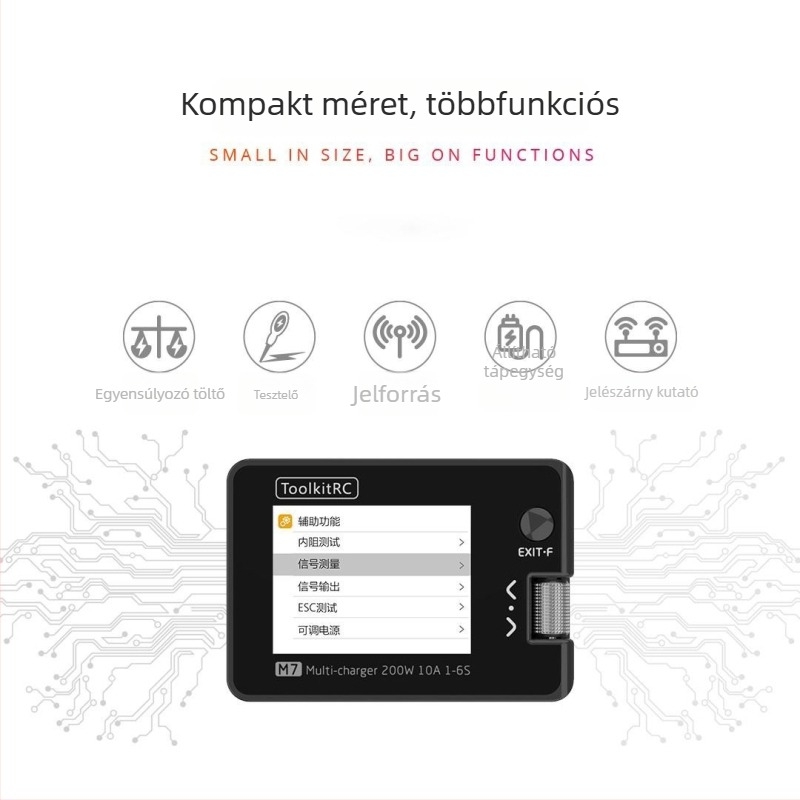 ToolkitRC M7 töltő 1-6S akkukhoz, kimenet 20V 10A, bemenet 7-28V, balansolási áram 400 mA, LCD kijelző és jeltesztelő/jelforrás