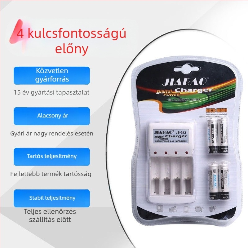 NiCd újratölthető elemkészlet 1.2V No.5 & No.7 töltővel JB-212 CNAS tanúsítvánnyal