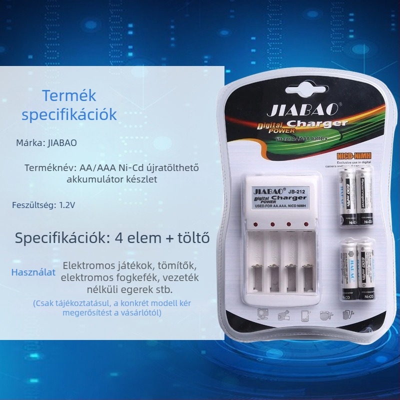 NiCd újratölthető elemkészlet 1.2V No.5 & No.7 töltővel JB-212 CNAS tanúsítvánnyal