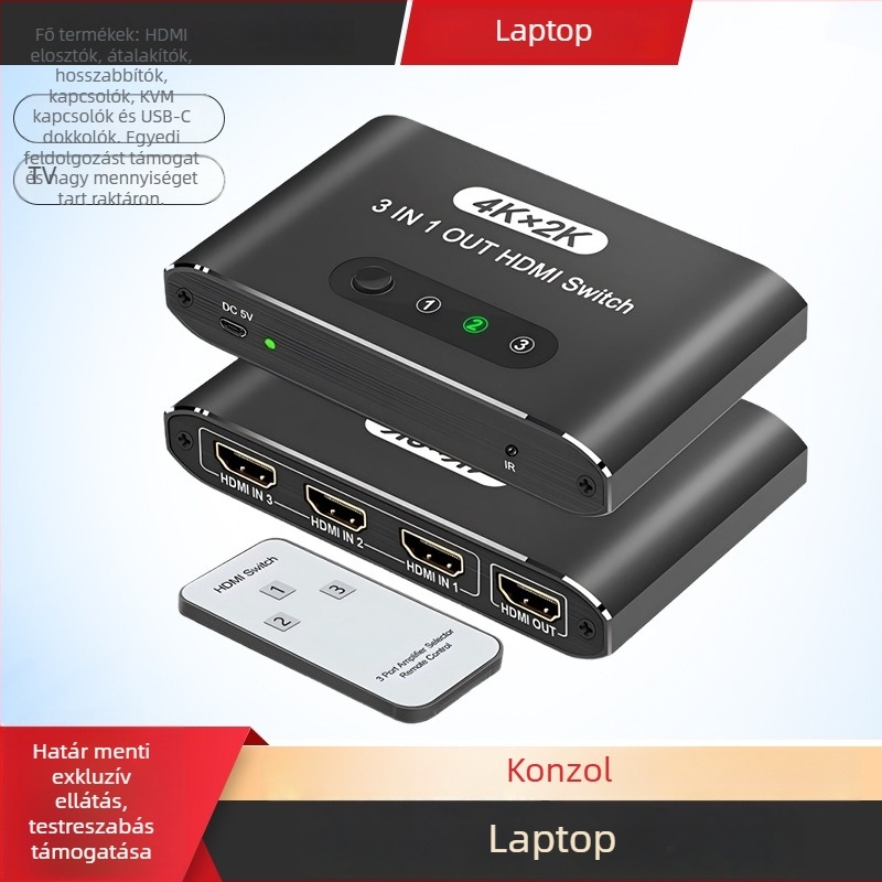 HDMI kapcsoló 4K, 3 bemenet/1 kimenet, alumínium ötvözet burkolat, HS-301a/HS-301b modell, tápellátás-kezelés
