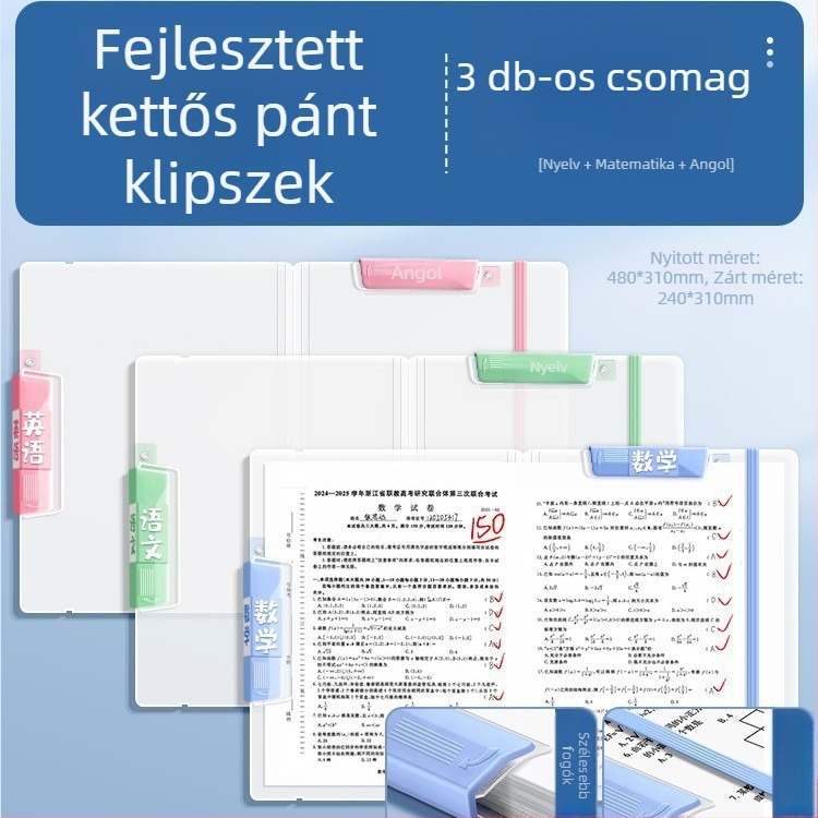 Átlátszó dupla kapoccsal és két vontató rúddal rendelkező A4-es vizsgadokumentum-mappa, PP anyag, lemez vastagsága 2 mm