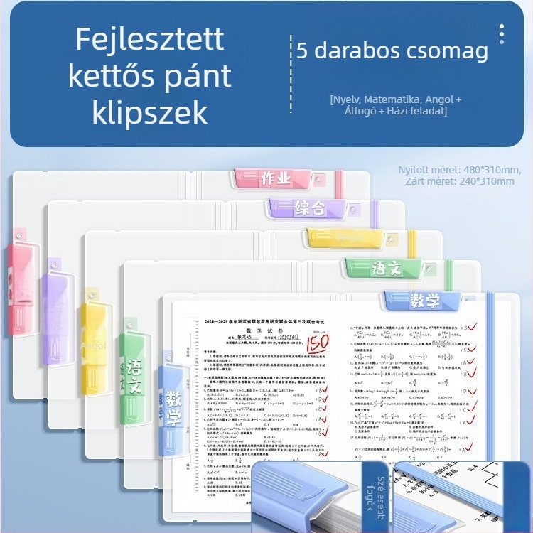 Átlátszó dupla kapoccsal és két vontató rúddal rendelkező A4-es vizsgadokumentum-mappa, PP anyag, lemez vastagsága 2 mm