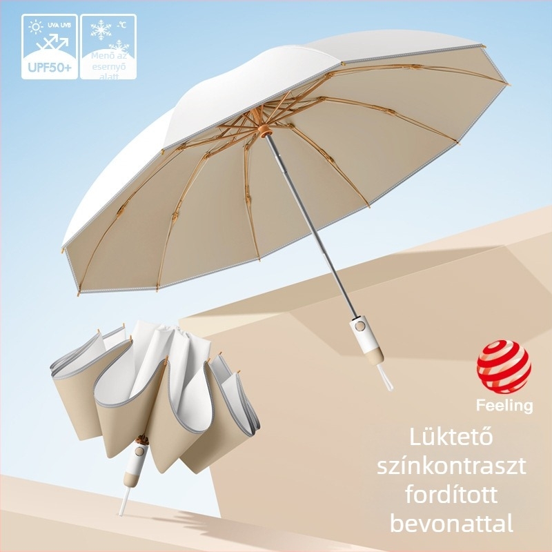 Fordított hajtogatású esernyő, 10 bordával, rostváz, Impact 210T anyagú kupola, UPF50+ UV védelem, fél-automata nyitás, automatikus zárás, logóval testre szabható