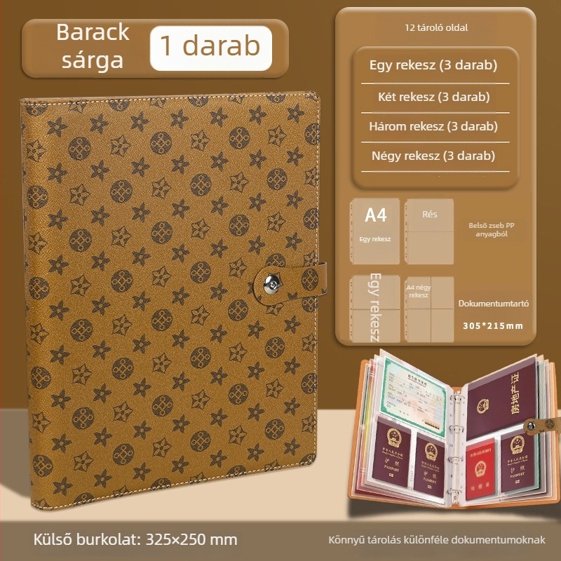 Bőr dokumentumtároló kapcsos zárással, modell H008, belső oldalak PVC, 18–24 lap, információs könyvre cseréhez, logóval testre szabható