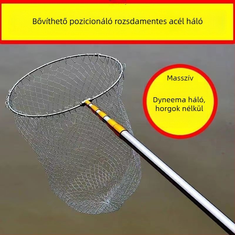 Nerez acélból készült teleszkópos halászháló, megerősített nyél, összecsukható hálófej és hordtáska