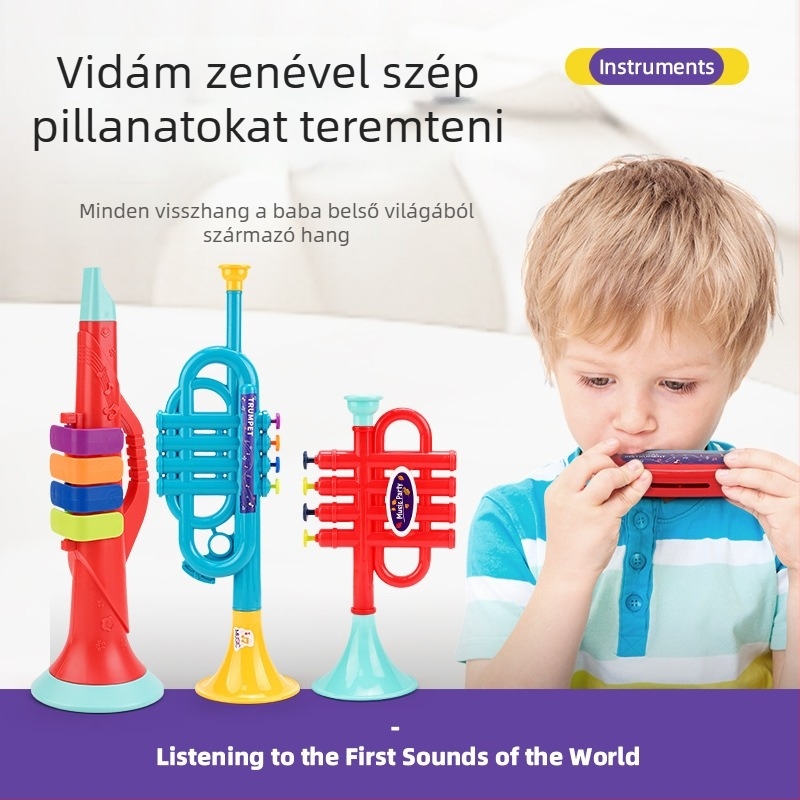 Gyerekeknek szánt hangszerkészlet — műanyagból, Orff-inspirált hangszerek, 4–6 éveseknek, színes dobozban csomagolva