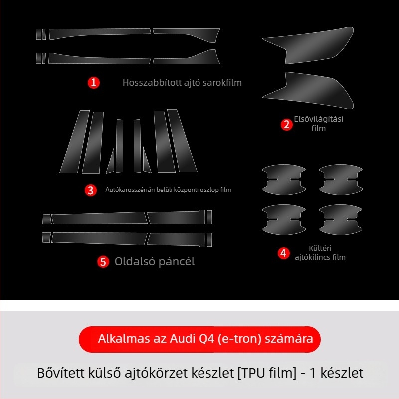 Chiwick TPU átlátszó védőfilm Audi Q4 e-tronhoz: első és hátsó ajtó sarkok és karosszéria oldalsó szegélyeinek védelme
