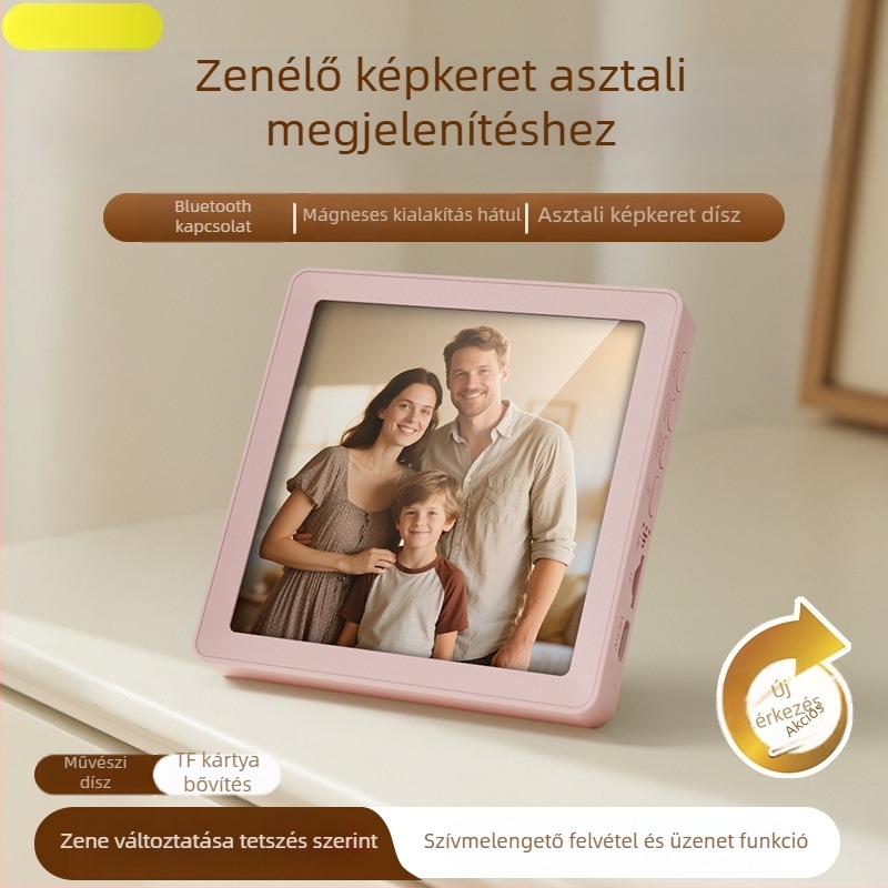 Bluetooth hangszóró mágneses fotókerettel, asztali állvánnyal, hűtőmágnes, TF-kártya slot, cserélhető fényképek
