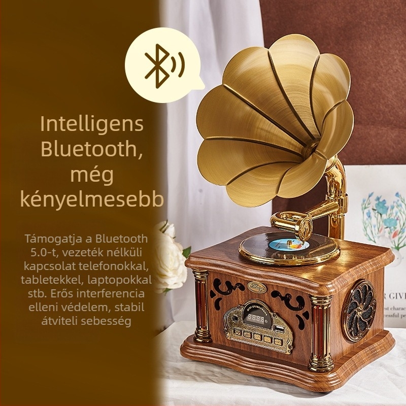 Bluetooth gramofon alakú hangszóró, 20W, Bluetooth 5.3, beépített 1200–2000 mAh akkumulátor, frekvenciatartomány 100 Hz–20 kHz, SNR ≥ 100 dB
