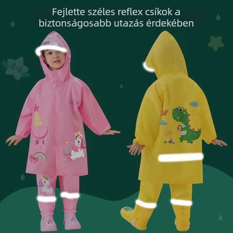 Gyerekeknek készült esőkabát és hátizsák készlet, Oxford anyag, karikatúra dinoszaurusz mintával, fényvisszaverő dizájn, anyagvastagság 0,15 mm