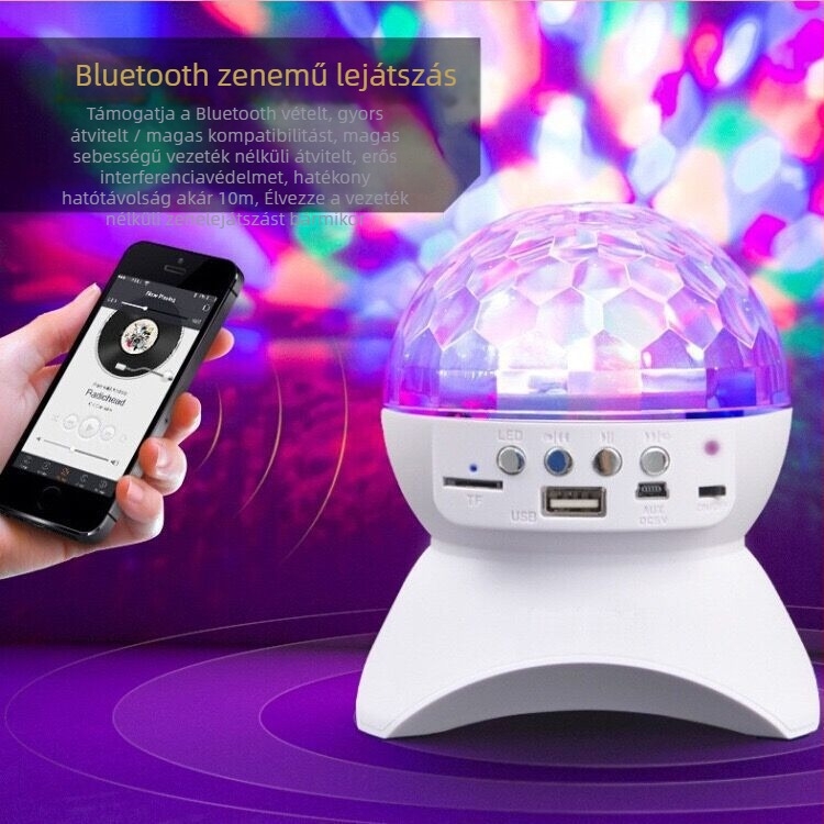 Bluetooth hangszóró hét színű kristálygömbbel és forgó színpadi fénnyel, USB interfész, 3W, 2 csatorna