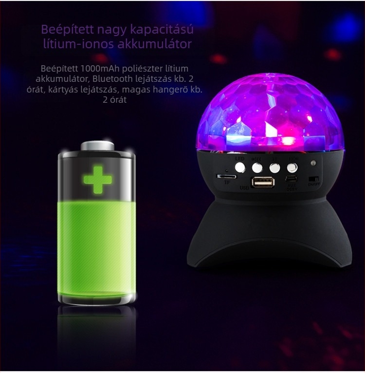 Bluetooth hangszóró hét színű kristálygömbbel és forgó színpadi fénnyel, USB interfész, 3W, 2 csatorna