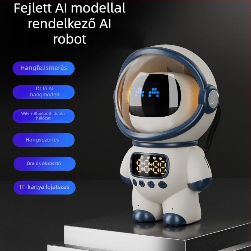 AI ébresztőóra űr témával, vezeték nélküli Bluetooth hangszóró Wi‑Fi-vel, 5W, 1200–2000mAh, 100Hz–20kHz, SNR ≥85dB, 10m hatótávolság