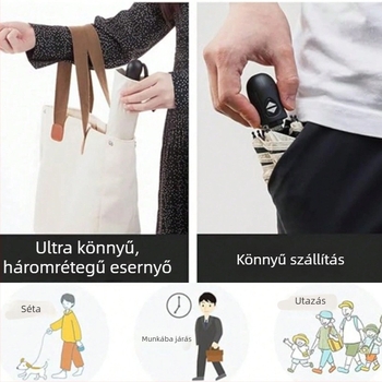 LANBO Japán stílusú UV esernyő, automatikus nyitás-zárás, nap és eső kettős használat, szélálló, összecsukható, 6 bordás, ötvözet nyél, rostos fogantyú, UPF>50
