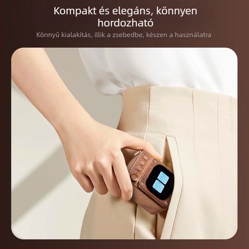 Fa mintázatú Bluetooth hangszóró érintőképernyővel és beépített kártyahellyel, 5W kimenet, Bluetooth 5.3, 10 m hatótávolság, 100 Hz–20 kHz frekvenciatartomány, SNR ≥70 dB