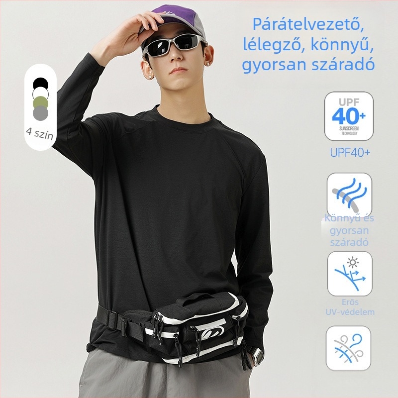 Férfi hosszú ujjú póló, gyorsan száradó, 100% poliészter, laza szabású, kerek nyakú