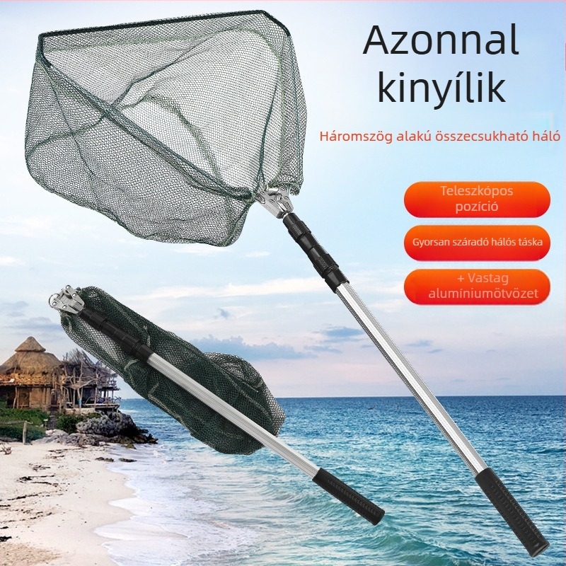 Alumínium ötvözetből készült integrált háromszög alakú összecsukható horgász háló fej behúzható fej, 40 cm nyílás, finom szemek