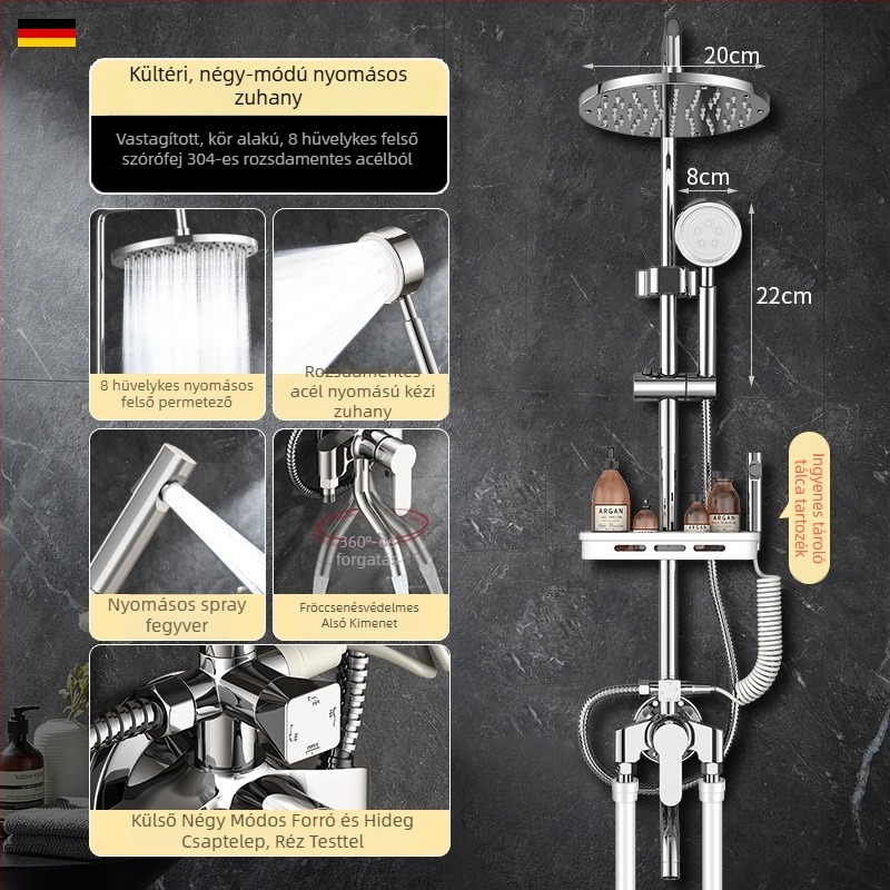 Fürdőzuhany készlet, falra szerelt, modern stílus, kerek zuhanyfej, nettó súly 3 kg