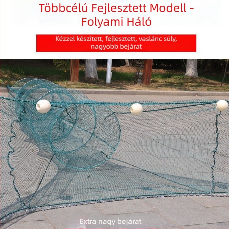 Folyó gátjához készült horgász háló, nyolcas alakzat, tigérszáj nyílás, garnéla ketrec