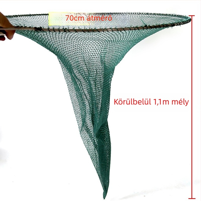 Horgász hálófej tartóval és rozsdamentes acél gyűrűvel; 6 szálból sodrt huzal háló; mélység 1,3 m; teherbírás 30