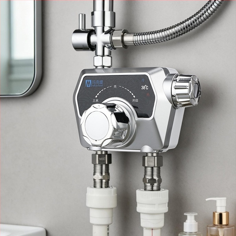 Rozsdamentes acél termosztatikus zuhanycsap — egyrészes kialakítás; termosztatikus szelepmag; nyitás kulccsal.