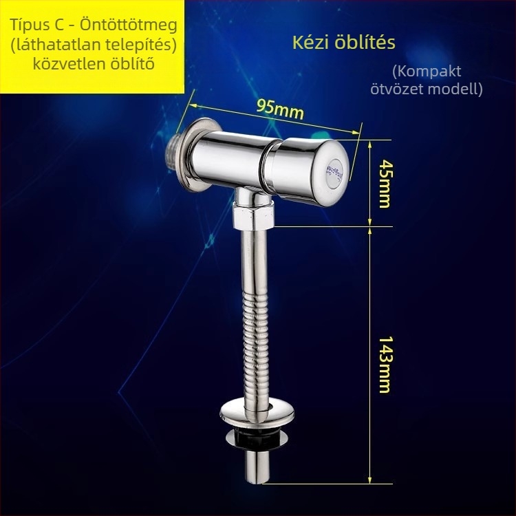 Réz anyagú urinális öblítő szelep, nyílt és rejtett szerelés, késleltetett öblítés, közösségi helyiségekhez; nyomás 0,8–1,2 MPa, öblítés idő 3–6 s, kiömlő Ø 4 mm