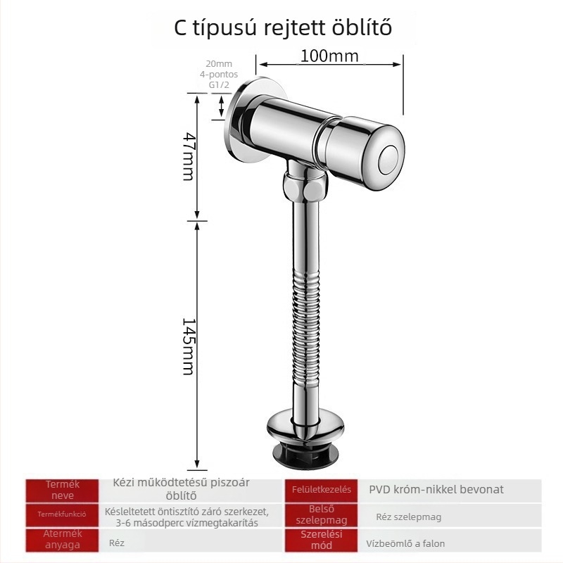 Réz anyagú urinális öblítő szelep, nyílt és rejtett szerelés, késleltetett öblítés, közösségi helyiségekhez; nyomás 0,8–1,2 MPa, öblítés idő 3–6 s, kiömlő Ø 4 mm
