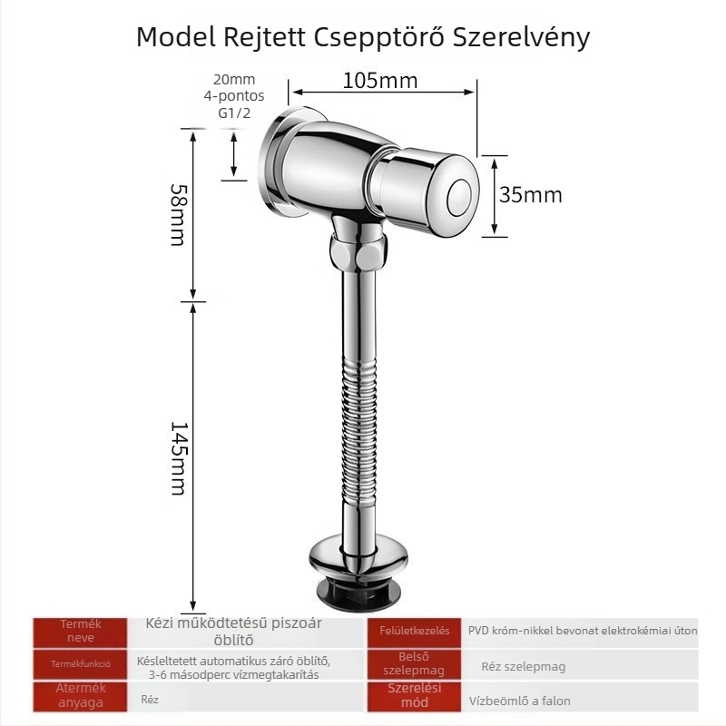 Réz anyagú urinális öblítő szelep, nyílt és rejtett szerelés, késleltetett öblítés, közösségi helyiségekhez; nyomás 0,8–1,2 MPa, öblítés idő 3–6 s, kiömlő Ø 4 mm