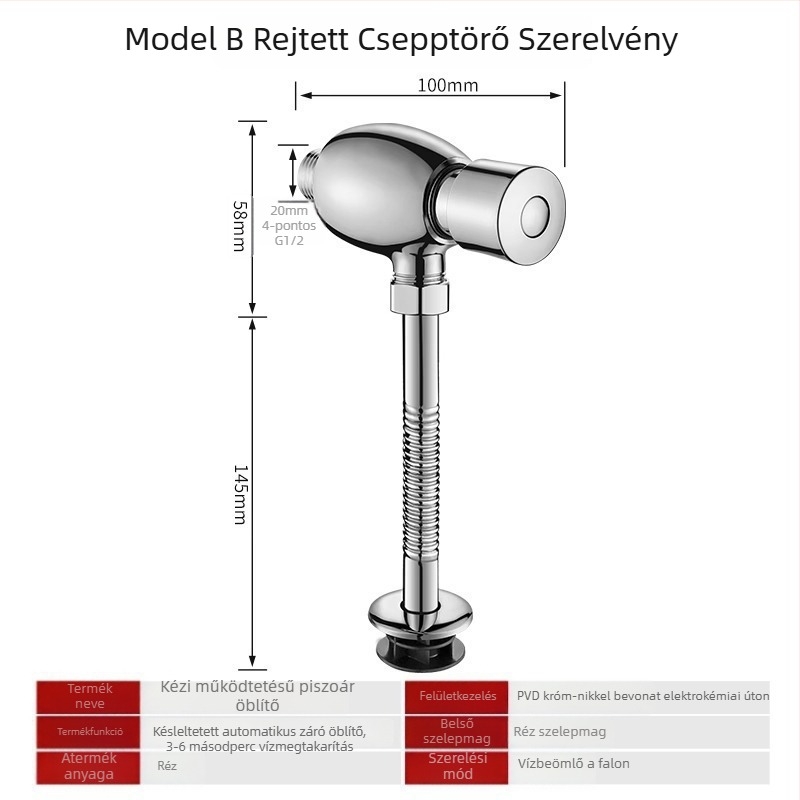 Réz anyagú urinális öblítő szelep, nyílt és rejtett szerelés, késleltetett öblítés, közösségi helyiségekhez; nyomás 0,8–1,2 MPa, öblítés idő 3–6 s, kiömlő Ø 4 mm