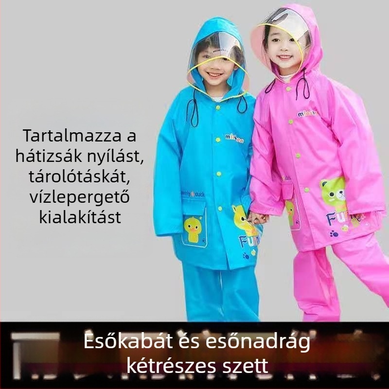Két részes gyerek esőkabát és esőnadrág készlet - fiúknak és lányoknak, óvodától általános iskoláig, szabadtéri túrákhoz