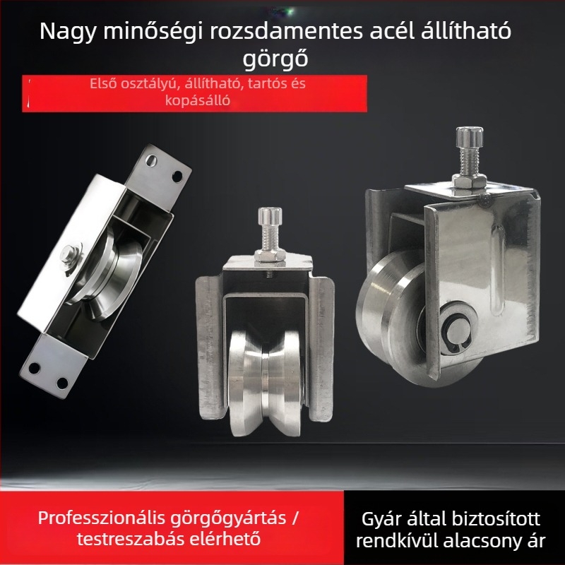 Állítható sarkgörgő csúszóajtókhoz — rozsdamentes acél/nylon; falvastagság 1,5; zsinórcsatorna sugár 16; gyártás a rajzok szerint; alkalmas ajtók és ablakok szállítására