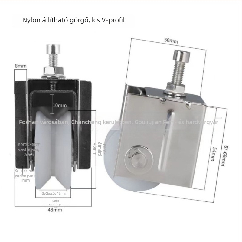 Állítható sarkgörgő csúszóajtókhoz — rozsdamentes acél/nylon; falvastagság 1,5; zsinórcsatorna sugár 16; gyártás a rajzok szerint; alkalmas ajtók és ablakok szállítására