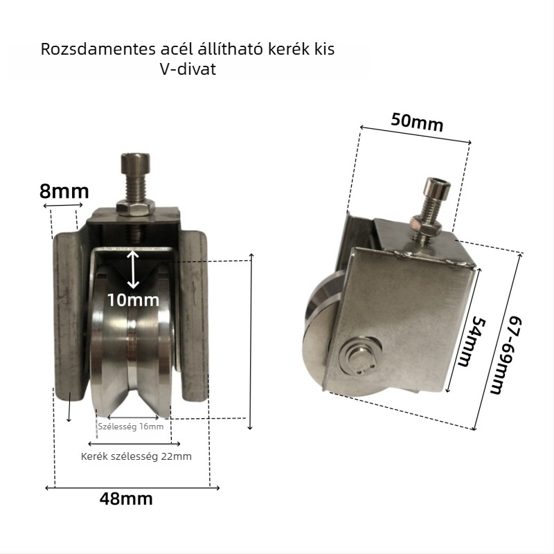 Állítható sarkgörgő csúszóajtókhoz — rozsdamentes acél/nylon; falvastagság 1,5; zsinórcsatorna sugár 16; gyártás a rajzok szerint; alkalmas ajtók és ablakok szállítására