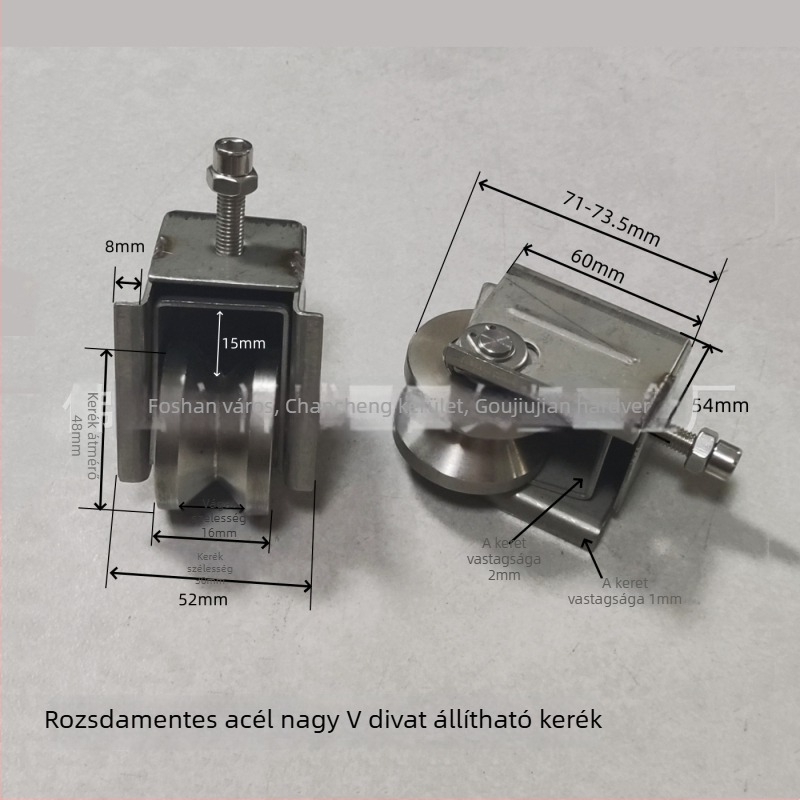 Állítható sarkgörgő csúszóajtókhoz — rozsdamentes acél/nylon; falvastagság 1,5; zsinórcsatorna sugár 16; gyártás a rajzok szerint; alkalmas ajtók és ablakok szállítására