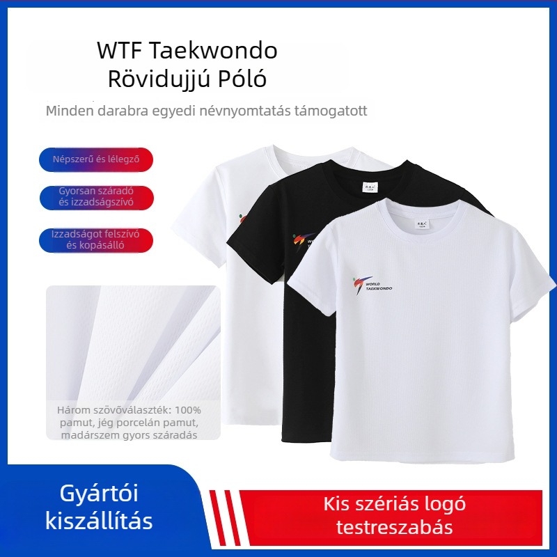 Taekwondo gyorsan száradó póló, lélegző anyag, kamuflázs mintázat, 90% pamut, bajnokság és önvédelem számára, logónyomás elérhető