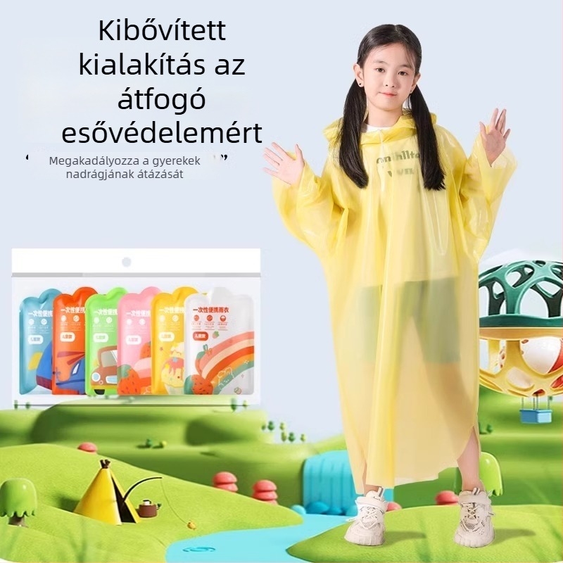Egyszer használatos gyerekeknek készült, teljes testet védő esőkabát, hosszabbított és vastagított kivitel, egy darab PE anyag, iskolai és utazási célokra.