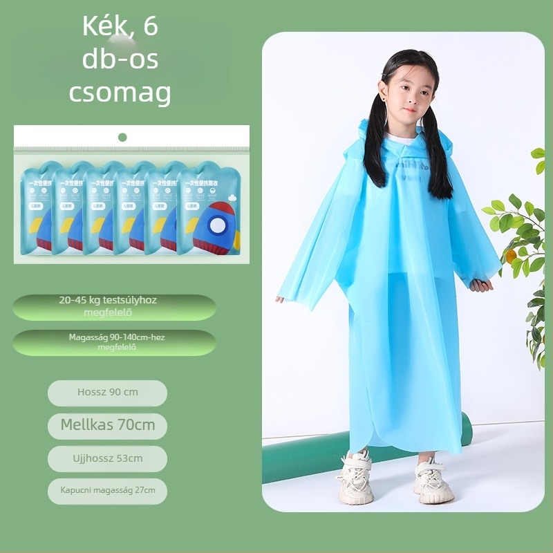 Egyszer használatos gyerekeknek készült, teljes testet védő esőkabát, hosszabbított és vastagított kivitel, egy darab PE anyag, iskolai és utazási célokra.