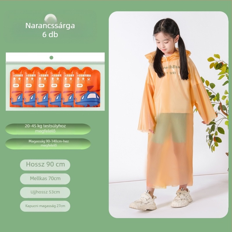 Egyszer használatos gyerekeknek készült, teljes testet védő esőkabát, hosszabbított és vastagított kivitel, egy darab PE anyag, iskolai és utazási célokra.