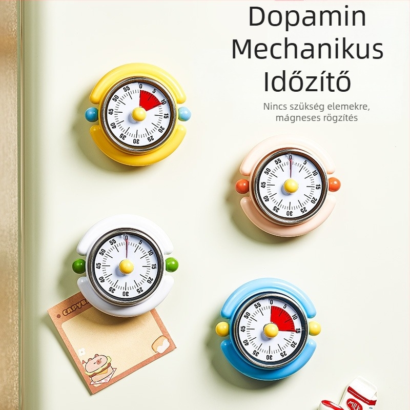 Konyhai mechanikus időmérő mágneses rögzítéssel és vizuális időkezeléssel, ébresztő