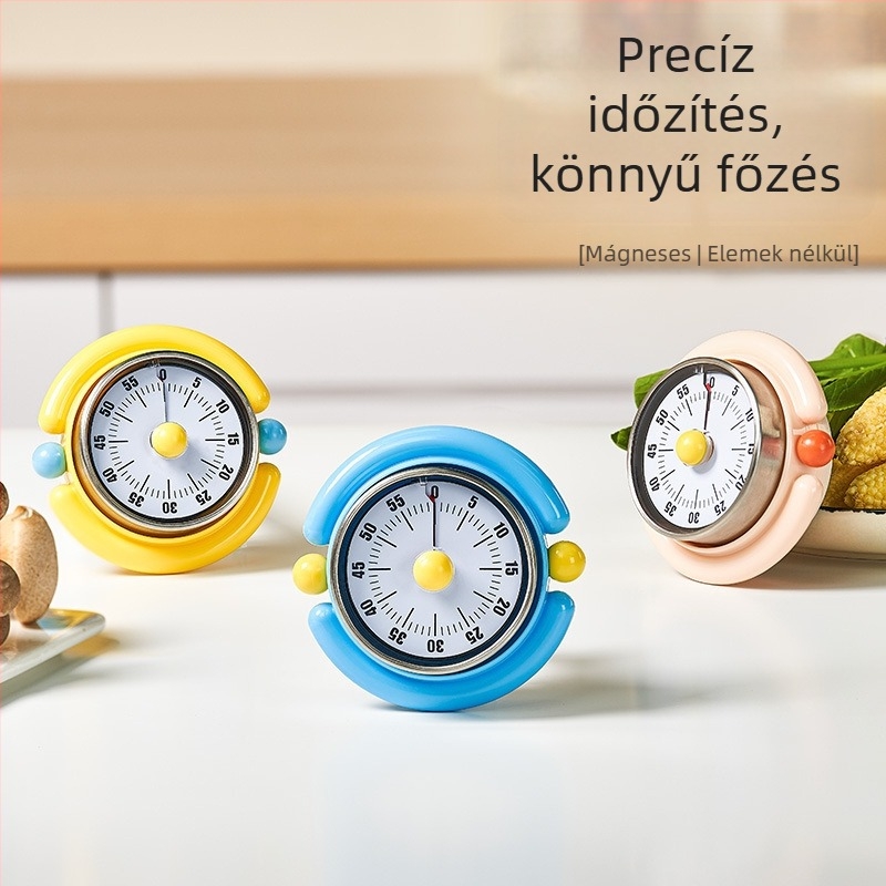 Konyhai mechanikus időmérő mágneses rögzítéssel és vizuális időkezeléssel, ébresztő