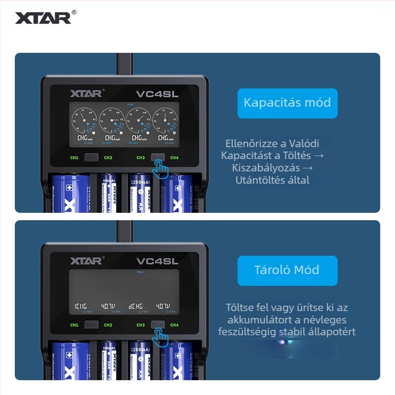 XTAR VC4SL 4-slotos lítiumakkumulátor töltő 18650/26650, QC3.0 bemenet, VC sorozat, CE/FCC/ROHS tanúsított