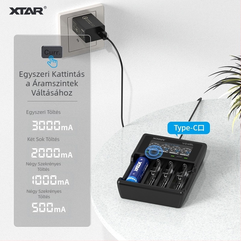 XTAR VC4SL 4-slotos lítiumakkumulátor töltő 18650/26650, QC3.0 bemenet, VC sorozat, CE/FCC/ROHS tanúsított