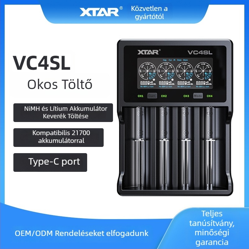 XTAR VC4SL 4-slotos lítiumakkumulátor töltő 18650/26650, QC3.0 bemenet, VC sorozat, CE/FCC/ROHS tanúsított