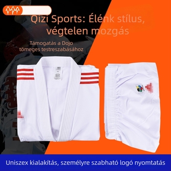 Karate edzés Gi felnőtteknek – rugalmas poliészter-pamut anyag, 65% poliészter, bélés combed pamut 65%, minta: csíkos vagy egyszínű