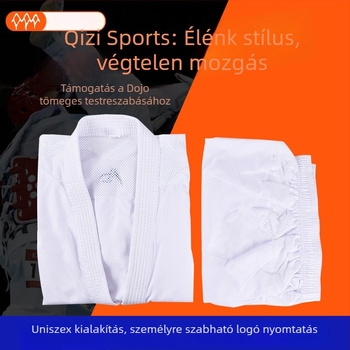 Karate edzés Gi felnőtteknek – rugalmas poliészter-pamut anyag, 65% poliészter, bélés combed pamut 65%, minta: csíkos vagy egyszínű